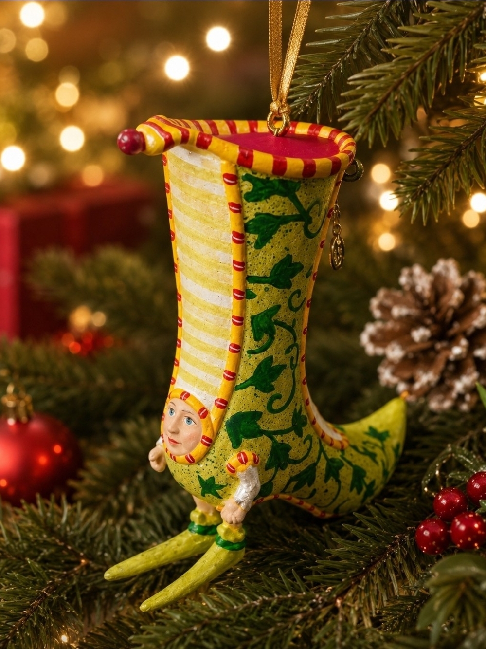 Krinkles Festive Green Elf Boot Ornament by Patience Brewster